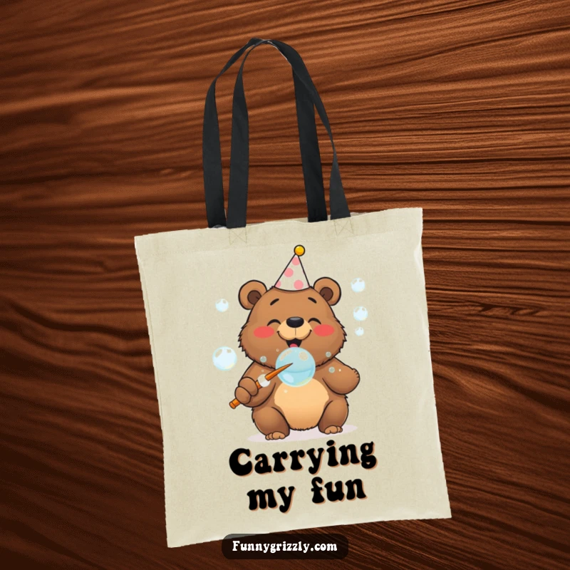 Cheerful grizzly bear in a party hat blowing bubbles with a giant wand on a durable and humorous tote bag.
