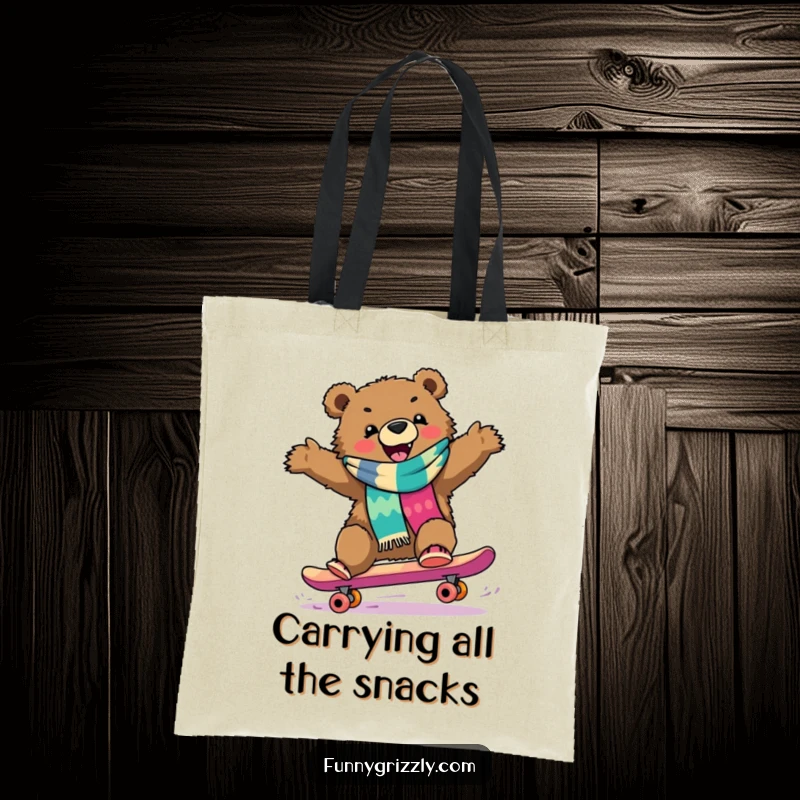 Funny grizzly bear in a scarf skateboarding downhill, depicted on a sturdy and humorous tote bag.