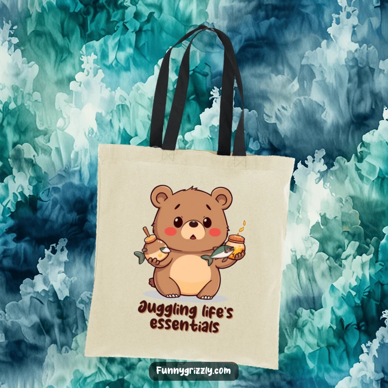Funny tote bag with a chubby grizzly bear looking surprised while juggling a honey pot and a salmon, perfect for carrying items with a smile.