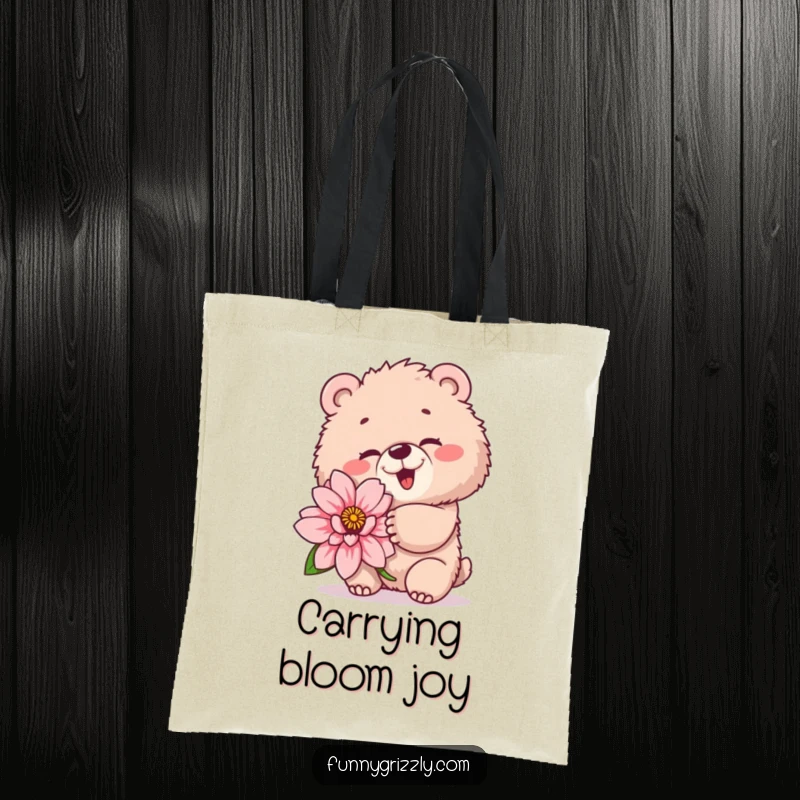 Funny tote bag with a fluffy grizzly bear winking playfully while holding a giant flower, perfect for carrying items with a smile.